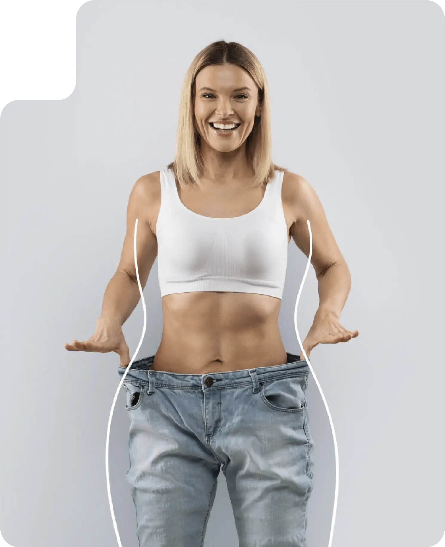 Imagen de una mujer feliz por recuperar su salud física atrevés del procedimiento bariátrico, manga gástrica.